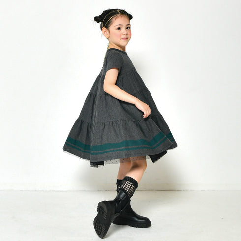 【90~120】 ダブルラインヘムティアードワンピース★2124696★キッズサイズ 子供服