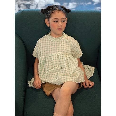 【90~120】 ギンガムサッカーギャザー切替えブラウス 4月納期★2124914★キッズサイズ 子供服