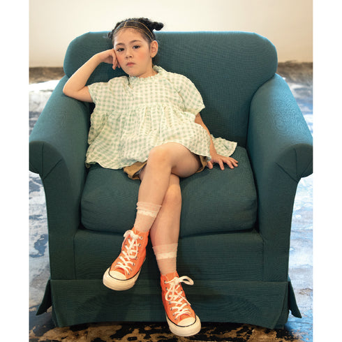 【90~120】 ギンガムサッカーギャザー切替えブラウス 4月納期★2124914★キッズサイズ 子供服