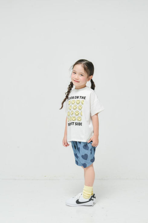 かわいいハート柄のデニムショートパンツでカジュアルなスタイリングにぴったりな子供服♪80~150【NEWO】ハートデニムショートパンツ