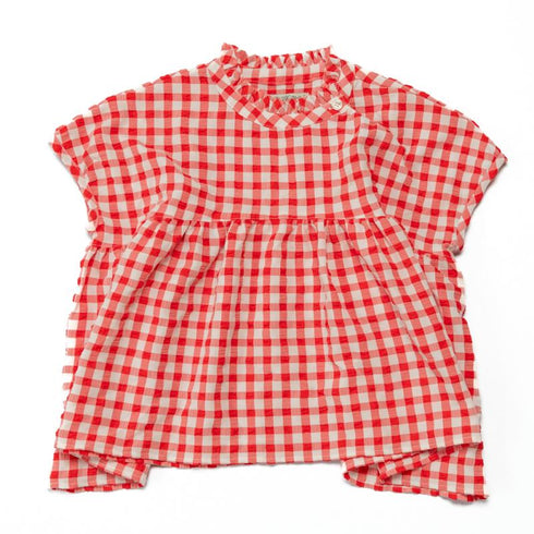 【90~120】 ギンガムサッカーギャザー切替えブラウス 4月納期★2124914★キッズサイズ 子供服
