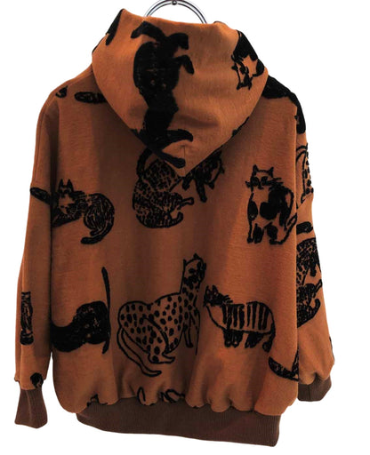 日本生地 CATフロッキージャガード天竺BIGパーカー 130 140 150【NEEDLE WORKS ニードルワークス 2223113j】｜店舗で買えない特別な一着 猫柄 アニマル柄 子供服 ジュニア 女の子 男の子 長袖 オーバーサイズ