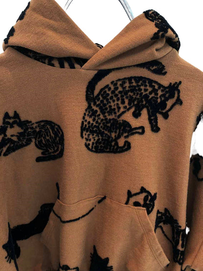 日本生地 CATフロッキージャガード天竺BIGパーカー 90 100 110 120【NEEDLE WORKS ニードルワークス 2223113】｜特別な一着 猫柄 アニマル柄 子供服 キッズ 女の子 男の子 長袖 オーバーサイズ