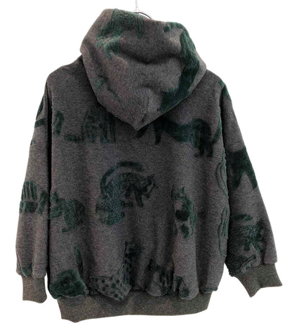 日本生地 CATフロッキージャガード天竺BIGパーカー 130 140 150【NEEDLE WORKS ニードルワークス 2223113j】｜店舗で買えない特別な一着 猫柄 アニマル柄 子供服 ジュニア 女の子 男の子 長袖 オーバーサイズ