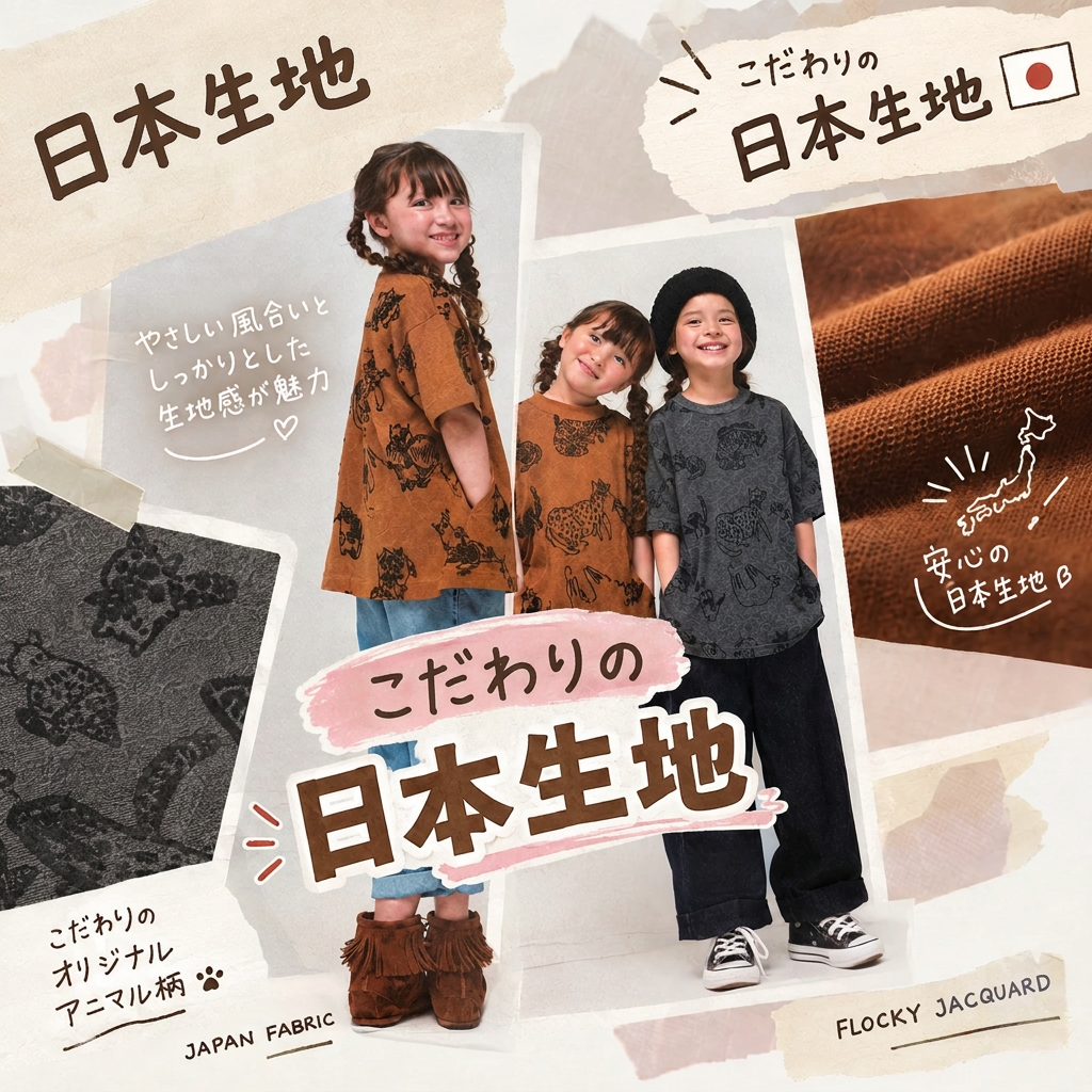 日本生地を使用した CATフロッキージャガード天竺BIGワンピース 90 100 110 120【NEEDLE WORKS 2223111】