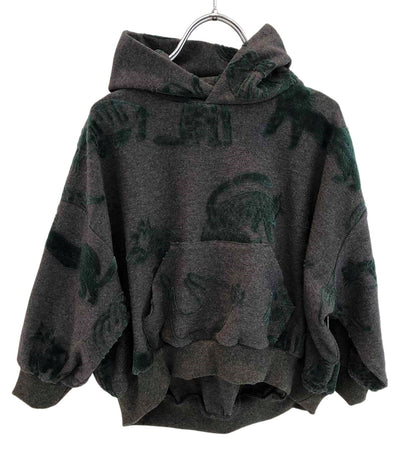 日本生地 CATフロッキージャガード天竺BIGパーカー 130 140 150【NEEDLE WORKS ニードルワークス 2223113j】｜店舗で買えない特別な一着 猫柄 アニマル柄 子供服 ジュニア 女の子 男の子 長袖 オーバーサイズ